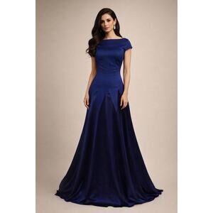 Talbot Runhof Navy Blue Evening Gown Maxi Dress Cap Sleeve Formal Size 8